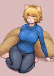  1girl absurdres animal_ears arm_support barefoot blonde_hair blue_sweater breasts chanta_(ayatakaoisii) denim fox_ears fox_tail grey_pants highres jeans large_breasts long_sleeves looking_to_the_side multiple_tails open_mouth pants pink_background ribbed_sweater short_hair simple_background sitting slit_pupils solo sweater tail touhou wariza yakumo_ran yellow_eyes 