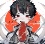  1boy absurdres black_hair clouds facial_mark food highres hisame_mon horns looking_at_viewer male_focus meat mouth_hold oni oni_horns open_mouth original red_eyes red_horns shadow short_hair solo 
