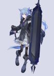  1girl :&lt; absurdres animal_ears bangs blue_hair blue_tail bow closed_mouth eyebrows_visible_through_hair frills garter_straps grey_background hair_bow highres holding holding_shield long_hair looking_at_viewer mikisai original shield sidelocks simple_background solo sword tail thigh-highs violet_eyes weapon 