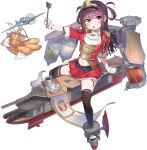  1girl :o aircraft artist_request ascot baguette bangs basket black_legwear blue_oath blush braid bread epaulettes eyebrows_visible_through_hair flight_deck food french_braid frilled_skirt frills garter_straps gloves hat highres holding long_hair military military_uniform navel official_art open_mouth red_eyes redhead rigging sitting skirt solo sparviero_(blue_oath) thigh-highs transparent_background uniform visor_cap white_gloves 