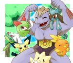  1boy 1girl ^_^ arms_up artist_name bangs belt bikini_briefs blue_sky blush_stickers border brown_eyes clenched_hands closed_eyes closed_mouth clouds collarbone colored_skin commentary_request day fangs flexing gen_1_pokemon gen_2_pokemon gen_3_pokemon gen_4_pokemon green_hair green_skin hair_over_one_eye hanging_on_arm happy highres jumping kirlia legs_apart long_hair looking_down machoke male_underwear multicolored multicolored_skin muscular muscular_male on_shoulder open_mouth outdoors outline outside_border pectorals pichu pokemon pokemon_(creature) pokemon_on_shoulder pose purple_skin red_eyes riolu rorosuke signature sky smile thick_thighs thighs togepi torchic tree two-tone_skin underwear white_border white_skin 