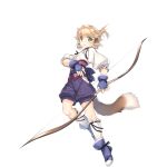  1girl amazuyu_tatsuki animal_ears bangs blonde_hair blue_footwear blue_gloves bow_(weapon) eyebrows_visible_through_hair fingerless_gloves folded_ponytail full_body gloves green_eyes highres holding holding_bow_(weapon) holding_weapon kneehighs looking_at_viewer official_art puffy_shorts ribbon-trimmed_legwear ribbon-trimmed_sleeves ribbon_trim shorts sleeves_past_elbows smile solo tail transparent_background utawareru_mono utawareru_mono:_lost_frag weapon white_legwear 