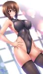  1girl bangs black_legwear black_leotard breasts brown_eyes brown_hair commentary_request contrapposto covered_navel disconnected_mouth girls_und_panzer hand_on_hip highleg highleg_leotard kamogawa_tanuki large_breasts leotard looking_at_viewer nishizumi_maho short_hair solo standing thigh-highs turtleneck 
