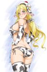  1girl akimoto_dai animal_ears animal_print artist_name ass beret bikini blonde_hair blue_eyes butt_crack commentary_request covered_nipples cow_ears cow_horns cow_print cowboy_shot dated elbow_gloves fake_animal_ears fake_horns from_behind gloves hair_between_eyes hat highres horns kantai_collection long_hair mole mole_under_eye mole_under_mouth pom_pom_(clothes) richelieu_(kantai_collection) side-tie_bikini solo standing swimsuit thigh-highs white_bikini white_gloves white_headwear white_legwear 