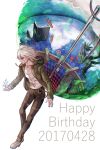  1boy book brown_footwear brown_jacket brown_pants bullet chain closed_eyes closed_mouth clouds collarbone commentary_request dangan_ronpa_(series) dangan_ronpa_2:_goodbye_despair dated full_body grey_hair hair_between_eyes happy_birthday highres hood hood_down hooded_jacket jacket komaeda_nagito long_sleeves looking_down male_focus messy_hair open_clothes palm_tree pants polearm print_shirt sakuyu shirt shoes short_hair solo spear spoilers tree weapon white_hair white_shirt 