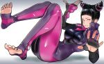  1girl barefoot biker_clothes bikesuit black_hair bodysuit box drill_hair eye_(mememem) fingerless_gloves gloves han_juri in_box in_container looking_at_viewer pink_eyes street_fighter street_fighter_v toeless_legwear toenail_polish toes trapped twin_drills 