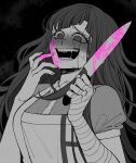  1girl apron bandaged_arm bandages bangs black_background blood blood_on_face bloody_hands bloody_weapon bong_(0u0bon) dangan_ronpa_(series) dangan_ronpa_2:_goodbye_despair gradient gradient_background hands_up holding holding_weapon knife long_hair looking_at_viewer mole mole_under_eye monochrome open_mouth pink_blood puffy_short_sleeves puffy_sleeves short_sleeves solo sweat teeth tsumiki_mikan upper_body weapon 