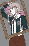  1girl arm_up backpack bag bangs black_jacket black_shirt blood blood_splatter bong_(0u0bon) breasts brown_hair brown_pants collared_shirt commentary_request cowboy_shot dangan_ronpa_(series) dangan_ronpa_2:_goodbye_despair eyebrows_visible_through_hair flipped_hair framed grey_background hair_ornament hairclip highres holding jacket long_sleeves looking_to_the_side medium_breasts medium_hair nanami_chiaki neck_ribbon open_clothes open_jacket pants pink_blood pink_eyes pink_ribbon ribbon shirt solo spaceship_hair_ornament standing two-tone_shirt white_shirt 