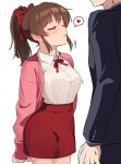  1boy 1girl bangs blush breasts brown_hair closed_eyes collared_shirt formal hair_between_eyes hair_ribbon heart height_difference idolmaster idolmaster_million_live! idolmaster_million_live!_theater_days jacket kamille_(vcx68) long_sleeves medium_breasts medium_hair neck_ribbon open_clothes open_jacket pink_jacket ponytail puckered_lips red_ribbon red_skirt ribbon satake_minako shirt shirt_tucked_in simple_background skirt suit white_background white_shirt 