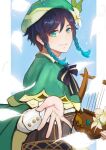  1boy bangs black_hair blue_hair bow braid cape flower frilled_sleeves frills from_side genshin_impact glowing gradient_hair green_eyes green_headwear hair_ornament hat hat_flower holding holding_instrument instrument leaf long_sleeves looking_at_viewer lyre male_focus multicolored_hair otoko_no_ko reaching reaching_out sherly1228 simple_background smile solo twin_braids venti_(genshin_impact) white_flower 