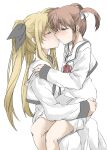  2girls black_ribbon blonde_hair blush brown_hair closed_eyes couple elf_(stroll_in_the_woods) fate_testarossa hair_ribbon highres kiss looking_at_another lyrical_nanoha mahou_shoujo_lyrical_nanoha mahou_shoujo_lyrical_nanoha_a&#039;s multiple_girls neck_ribbon red_ribbon ribbon school_uniform short_twintails simple_background sitting sitting_on_lap sitting_on_person takamachi_nanoha twintails uniform violet_eyes white_background white_ribbon yuri 