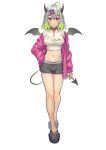  1girl ahoge bare_legs black_choker black_shorts bow breasts choker crop_top demon_girl demon_horns demon_tail demon_wings full_body grey_hair hair_bow hand_on_hip highres horns jacket large_breasts long_sleeves looking_at_viewer midriff multicolored_hair navel off_shoulder open_clothes open_jacket original pink_jacket shirt short_hair short_shorts shorts simple_background slippers smile solo standing stomach tail thighs two-tone_hair violet_eyes white_background white_shirt wings yoruhachi 