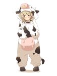  1girl animal_costume animal_ears bangs blush brown_eyes brown_hair chinese_zodiac closed_mouth cow_costume cow_ears cow_hood cow_horns cow_tail eyebrows_visible_through_hair fake_animal_ears fake_horns fake_tail full_body hood hood_up horns idolmaster idolmaster_cinderella_girls long_sleeves looking_away looking_to_the_side morikubo_nono ringlets shadow sleeves_past_fingers sleeves_past_wrists solo standing tail uccow white_background year_of_the_ox 