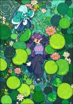  2boys absurdres abyff14 arms_up black_pants blue_hair blue_horns closed_eyes crossed_legs fengxi_(the_legend_of_luoxiaohei) fish flower from_above highres horns leaf lily_(flower) lily_pad multiple_boys open_mouth pants partially_submerged pink_flower pointy_ears purple_hair ripples signature smile the_legend_of_luo_xiaohei white_flower wide_shot xuhuai_(the_legend_of_luoxiaohei) 