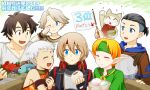  2019 2girls 5boys :d arm_hug armor black_hair blue_eyes blush breastplate brown_hair brown_shirt cat chiepoo closed_eyes commentary_request confetti crab elf facial_mark fish flag food forehead_mark gensou_suikoden gensou_suikoden_iv green_capelet green_headband grey_hair grey_shirt ham_pon headband highres jewel_(suikoden) keneth lazlo multiple_boys multiple_girls open_mouth orange_hair orange_shirt paula_(suikoden) pointy_ears red_headband shirt short_hair short_sleeves sleeveless sleeveless_shirt smile snowe_vingerhut sweatdrop tal translation_request white_shirt 