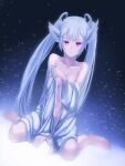  1girl animal_ears bangs bare_shoulders barefoot breasts highres holding holding_clothes long_hair looking_at_viewer mikisai open_mouth original pulled_by_self sidelocks simple_background sitting small_breasts solo twintails violet_eyes wariza white_hair 