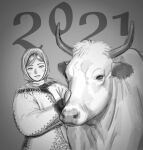  1girl 2021 absurdres blush chinese_zodiac grey_background greyscale highres looking_at_viewer mittens monochrome original parted_lips smile solo upper_body wassnonnam year_of_the_ox 