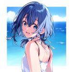  1girl :d bangs bare_shoulders blue_eyes blue_hair blurry blurry_background blush border braid camisole commentary_request copyright_name depth_of_field eyebrows_visible_through_hair from_behind hair_between_eyes highres looking_at_viewer looking_back misakino_kukuru ocean open_mouth outside_border seashell_hair_ornament shiroi_suna_no_aquatope short_hair side_braid sleeveless smile solo u35 upper_body water white_border 