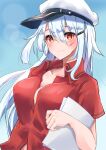 1girl absurdres blue_sky breasts clouds collarbone gangut_(kantai_collection) hat highres kantai_collection komb long_hair medium_breasts open_clothes paper peaked_cap red_eyes red_shirt scar scar_on_face shirt short_sleeves silver_hair sky solo white_headwear 