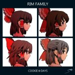  4girls absurdres album_cover_redraw bangs benikurage_(cookie) black_hair bow brown_eyes brown_hair closed_mouth commentary_request cookie_(touhou) demon_days_(gorillaz) derivative_work english_text eyebrows_visible_through_hair frilled_bow frills gorillaz hair_between_eyes hair_bow hair_tubes hakurei_reimu highres kanna_(cookie) looking_at_viewer looking_to_the_side medium_hair moriseishiro_(uroshiiserimo) multiple_girls parody profile red_bow red_eyes reu_(cookie) sananana_(cookie) short_hair star_(symbol) touhou upper_body white_background 