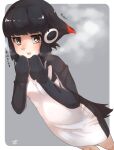  1girl adelie_penguin_(kemono_friends) black_hair black_sweater blush breath commentary_request cowboy_shot dress eyebrows_visible_through_hair headphones highres kemono_friends kemono_friends_3 long_sleeves multicolored_hair orange_eyes redhead short_hair solo sweater sweater_dress thin_(suzuneya) two-tone_sweater white_sweater 