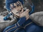  1boy armor blood blood_on_face blue_hair closed_mouth cu_chulainn_(fate)_(all) earrings fangs fate/stay_night fate_(series) grin highres jewelry lancer long_hair looking_at_viewer male_focus pauldrons ponytail red_eyes shoulder_armor slit_pupils smile solo spiky_hair twitter_username type-moon wiping_mouth yanaki_(ynyaan_3) 