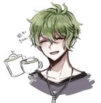  1boy amami_rantarou antenna_hair bangs blush closed_eyes collarbone cup dangan_ronpa_(series) dangan_ronpa_v3:_killing_harmony green_hair hair_between_eyes looking_at_viewer lower_teeth male_focus messy_hair open_mouth portrait raonal97 shirt short_hair simple_background smile solo translation_request white_background 