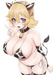  1girl animal_print bangs blush breasts collar collarbone commentary_request cow_print eyebrows_visible_through_hair hair_ornament highres looking_at_viewer navel ompf open_mouth short_hair simple_background smile solo upper_body white_background 