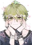  1boy ahoge amami_rantarou antenna_hair bangs blonde_hair blush closed_mouth collarbone dangan_ronpa_(series) dangan_ronpa_v3:_killing_harmony eyebrows_visible_through_hair face green_eyes green_hair hair_between_eyes hands_on_own_cheeks hands_on_own_face hands_up heart jewelry long_sleeves looking_at_viewer male_focus necklace raonal97 ring short_hair simple_background smile solo symbol_commentary translation_request upper_body white_background 