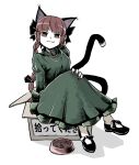  1girl animal_ears bangs black_bow black_footwear black_tail bow bowl box braid cardboard_box cat_ears cat_food cat_tail closed_mouth crossed_legs dress extra_ears frilled_dress frills full_body green_dress hair_bow hand_on_own_knee highres kaenbyou_rin long_hair long_sleeves looking_at_viewer multiple_tails peroponesosu. red_eyes red_nails redhead shoe_bow shoes side_braids simple_background sitting solo tail touhou twin_braids two_tails v-shaped_eyebrows white_background white_legwear 