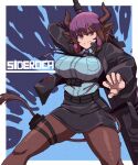  1girl absurdres animal_ears arknights black_jacket breasts highres horns jacket kakiyokan large_breasts necktie over_shoulder pantyhose purple_hair sideroca_(arknights) skirt sword tail weapon weapon_over_shoulder 