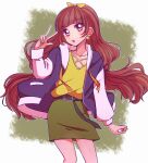  1girl :o amanogawa_kirara artist_request bangs belt blunt_bangs blush brown_hair cardigan cosplay earrings eyelashes go!_princess_precure green_skirt hair_ornament hair_ribbon healin&#039;_good_precure highres hiramitsu_hinata hiramitsu_hinata_(cosplay) jewelry long_hair looking_at_viewer open_cardigan open_clothes precure ribbon shirt skirt solo standing star_(symbol) star_earrings v violet_eyes yellow_nails yellow_ribbon yellow_skirt 