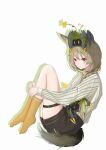  1girl absurdres animal_ears animal_on_head arknights beanstalk_(arknights) black_shorts blush braid brown_hair closed_mouth crab crab_on_head flower from_side full_body green_ribbon hair_over_shoulder hair_ribbon highres kneehighs legs_up long_hair long_sleeves looking_away looking_down on_head red_eyes ribbon shirt shorts shuixi simple_background single_braid sitting smile solo striped striped_shirt tail thigh_strap vertical-striped_shirt vertical_stripes white_background white_shirt yellow_flower yellow_legwear 