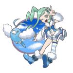  1girl black_eyes blue_footwear blue_legwear blue_shirt blue_shorts blue_sky boots closed_mouth clouds commentary_request earrings full_body fur-trimmed_footwear gen_3_pokemon green_eyes green_hair hair_ornament hairclip hand_up happy high_ponytail highres jewelry lisia_(pokemon) long_hair looking_to_the_side navel one_eye_closed open_mouth pokemon pokemon_(creature) pokemon_(game) pokemon_oras rorosuke shiny shiny_hair shirt short_shorts shorts showgirl_skirt sidelocks simple_background single_thighhigh sky sleeveless sleeveless_shirt smile sparkle standing star_(sky) stomach striped striped_legwear swablu thigh-highs tied_hair w white_background 