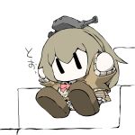  1girl brown_footwear brown_hair brown_jacket brown_skirt catchphrase chibi headgear jacket jumping kantai_collection kumano_(kantai_collection) long_hair minigirl pleated_skirt ponytail skirt stairs task_(s_task80) white_background |_| 