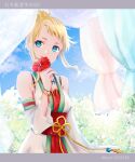  1girl 2020 alternate_costume aoji_(pixiv951678) blonde_hair blue_eyes blue_sky bracelet commentary_request curtains dated detached_sleeves dress earrings flare_en_kuldes flower gensou_suikoden gensou_suikoden_iv hair_up highres holding holding_flower huge_filesize jewelry red_flower short_ponytail sky smile solo twitter_username white_dress white_sleeves 