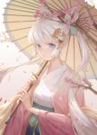  1girl absurdres bangs blue_eyes blurry_foreground cherry_blossoms chinese_clothes hair_ornament hanfu highres kiwi_(1115168110) long_hair looking_at_viewer oil-paper_umbrella original petals solo twintails umbrella upper_body white_hair 