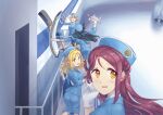  5girls aircraft airplane blonde_hair blue_eyes blue_hair blue_skirt brown_eyes brown_hair flight_attendant gloves grey_hair highres kunikida_hanamaru looking_at_viewer love_live! love_live!_sunshine!! mimori_(cotton_heart) multiple_girls ohara_mari pan_american_world_airways purple_hair sakurauchi_riko skirt stewardess tsushima_yoshiko uniform watanabe_you yellow_eyes 