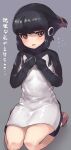  adelie_penguin_(kemono_friends) black_hair black_sweater blush commentary_request dress eyebrows_visible_through_hair flying_sweatdrops grey_background headphones highres kemono_friends multicolored_hair orange_eyes redhead seiza short_hair sidelocks sitting sweater sweater_dress tadano_magu translation_request two-tone_sweater white_sweater 