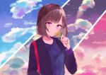  1girl absurdres bangs blush breasts brown_hair closed_mouth clouds eyebrows_visible_through_hair flower hand_up highres holding holding_flower looking_at_viewer original pink_eyes short_hair sidelocks sinobi_illust sky small_breasts smile solo 