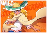  1girl amamiya_erena blonde_hair dark_skin dark-skinned_female denim denim_shorts english_text eyelashes good_morning happy hat kamikita_futago long_hair long_sleeves looking_at_viewer mexico orange_background poncho precure shirt shorts sketch smile solo sombrero standing star_twinkle_precure violet_eyes 