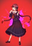  1girl absurdres bandaged_leg bandages blood blood_splatter braid breasts brown_hair collarbone commentary_request dangan_ronpa:_trigger_happy_havoc dangan_ronpa_(series) fukawa_touko full_body glasses highres loafers long_hair long_skirt long_sleeves looking_at_viewer medium_breasts mole mole_under_mouth pink_blood pleated_skirt red_background red_eyes sailor_collar school_uniform scissors seongkun_(agn000) serafuku shoes skirt smile socks solo tongue tongue_out twin_braids 
