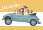  2boys 3girls absurdres black_hair blue_eyes brown_eyes brown_hair car convertible driving english_text floating_hair food french_fries ground_vehicle hamburger highres hino_miwa holding holding_food kuon_(08080018) long_hair looking_back looking_up mcdonald&#039;s mikado_reo mikagami_mimika minashiro_soushi_(2) motor_vehicle multiple_boys multiple_girls open_mouth pink_shirt redhead shirt short_hair soukyuu_no_fafner toomi_maya vehicle_focus waving 