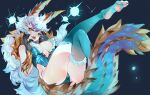  1girl ass barefoot breasts center_opening dragon_girl dragon_horns dragon_tail floating grandia_lee highres horns large_breasts long_hair monster_girl monster_hunter open_hands open_mouth personification soles solo tail tongue tongue_out under_boob very_long_hair white_hair zinogre 