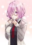  1girl absurdres bangs blush breasts closed_mouth fate/grand_order fate_(series) glasses hair_over_one_eye hands_up highres large_breasts long_sleeves looking_at_viewer mash_kyrielight necktie one_eye_covered pink_hair purple_hair short_hair simple_background sinobi_illust smile solo violet_eyes 