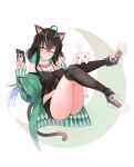  1girl ;3 absurdres ahoge animal_ears ass bangs bare_shoulders black_hair black_legwear black_shorts blush breasts cat cat_ears cat_girl cat_tail eyebrows_visible_through_hair feet_up full_body glasses green_eyes green_hair green_jacket hair_between_eyes highres jacket jewelry long_hair long_sleeves looking_at_viewer medium_breasts midriff necklace nijisanji nijisanji_kr official_art one_eye_closed open_clothes open_jacket shin_yuya short_shorts shorts solo tail thigh-highs thighs ts_levia virtual_youtuber 