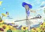  1girl animal_ears bangs blonde_hair blue_ribbon breasts bug butterfly clouds day flower hat highres holding insect long_hair medium_breasts mikisai open_mouth original red_eyes ribbon scenery sidelocks skirt sky solo sunflower white_legwear 