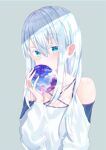  1girl absurdres albino aqua_eyes arm_up bangs bare_shoulders blush covered_mouth eyes_visible_through_hair flat_chest grey_background hair_between_eyes highres holding long_hair looking_at_viewer original sidelocks simple_background sinobi_illust sky upper_body white_hair white_theme 