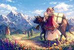  1girl akagi_shun bangs bell boots brown_footwear bull chinese_zodiac cloak clouds covered_wagon cowbell day dirt_road field flower grass hair_ribbon head_wreath hood hooded_cloak looking_at_viewer looking_to_the_side mountain mountainous_horizon original outdoors path red_cloak ribbon road short_hair skirt smile solo standing tree white_skirt windmill year_of_the_ox 