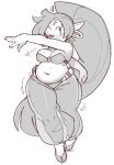  1girl arabian_clothes belly big_belly blush breasts circlet dancing earrings heart hoop_earrings jewelry long_hair looking_at_viewer medium_breasts midriff monochrome navel one_eye_closed open_mouth plump pointy_ears ponytail shantae_(character) shantae_(series) simple_background sketch smile solo very_long_hair wamudraws white_background 